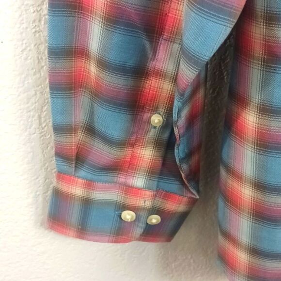 Round Tree & York Men smart  blue brown red plaid long sleeve button up shirt L - Picture 8 of 9